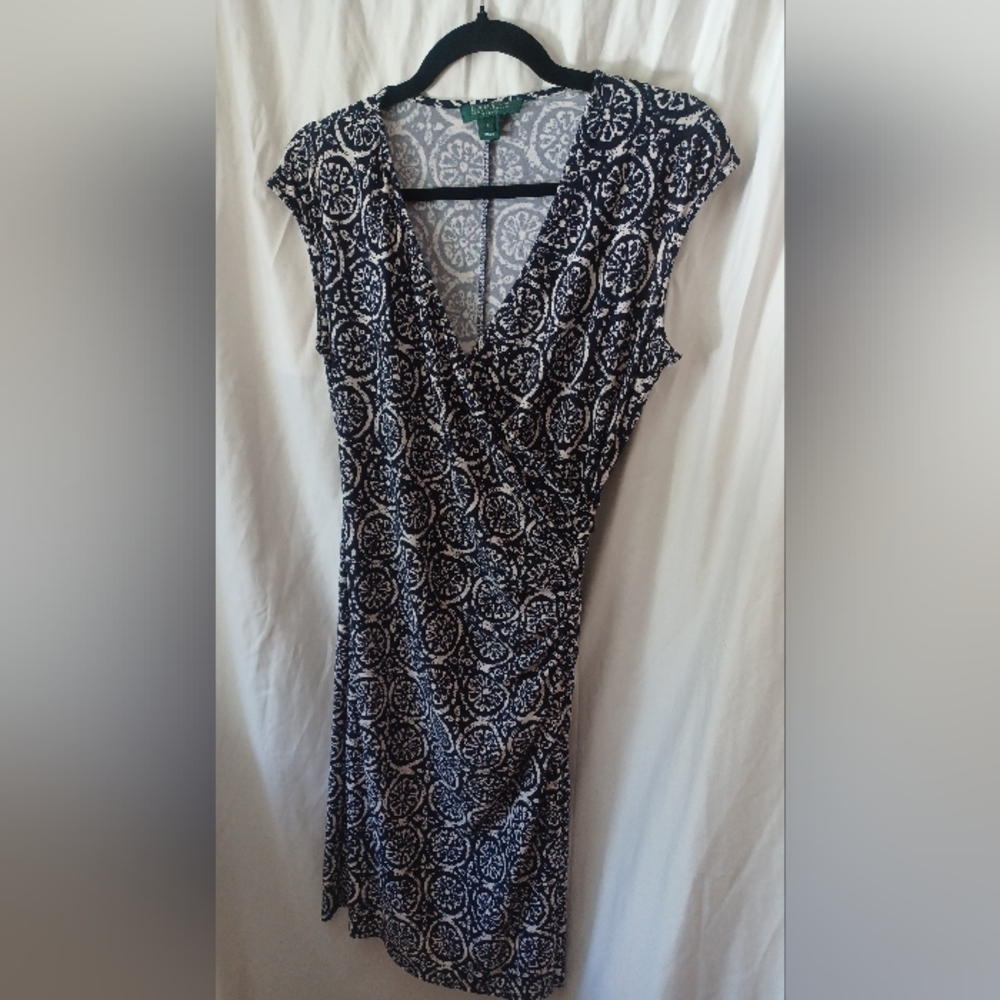 Lauren Ralph Lauren Black and Silver Midi Sheath Dress V-Neck